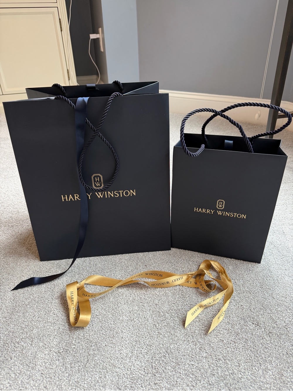 Harry Winston Deep Blue and Gold Shopping Bags with Gold Ribbon